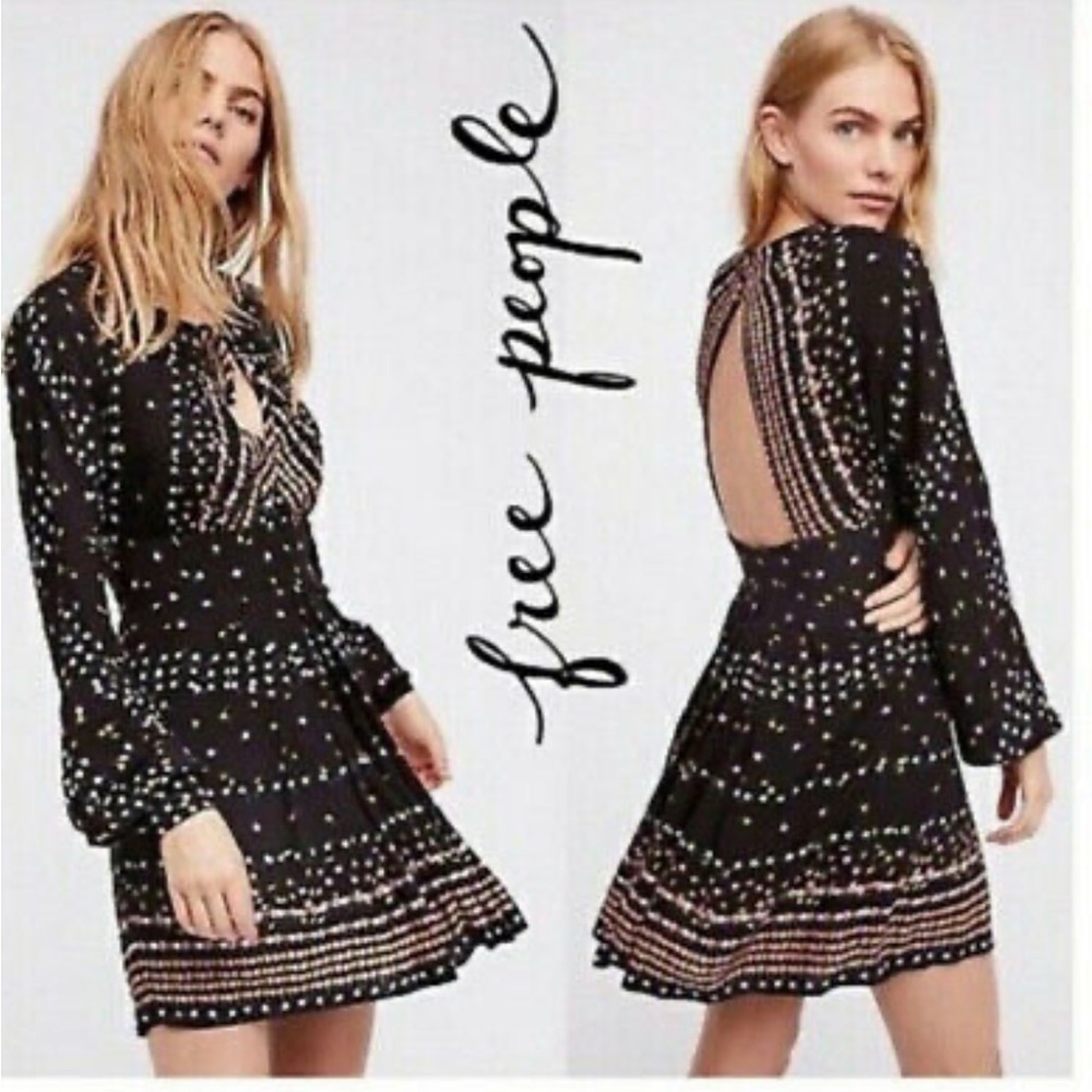 FREE PEOPLE Coryn Long Sleeve Black Dot Mini Dress in Black Size 6